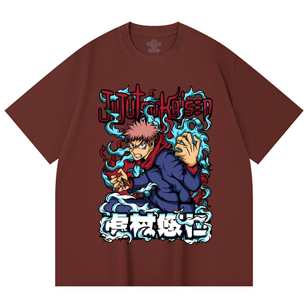 230 Gsm 100% Cotton Jujutsu Kaisen V50 Yuji Print Unisex Heavy Cotton T Shirt