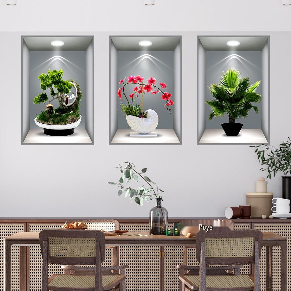 Wei Mo Xiang Green Plant Three-Panel Self-Adhesive Decorative Wall Sticker for Home & Hotel