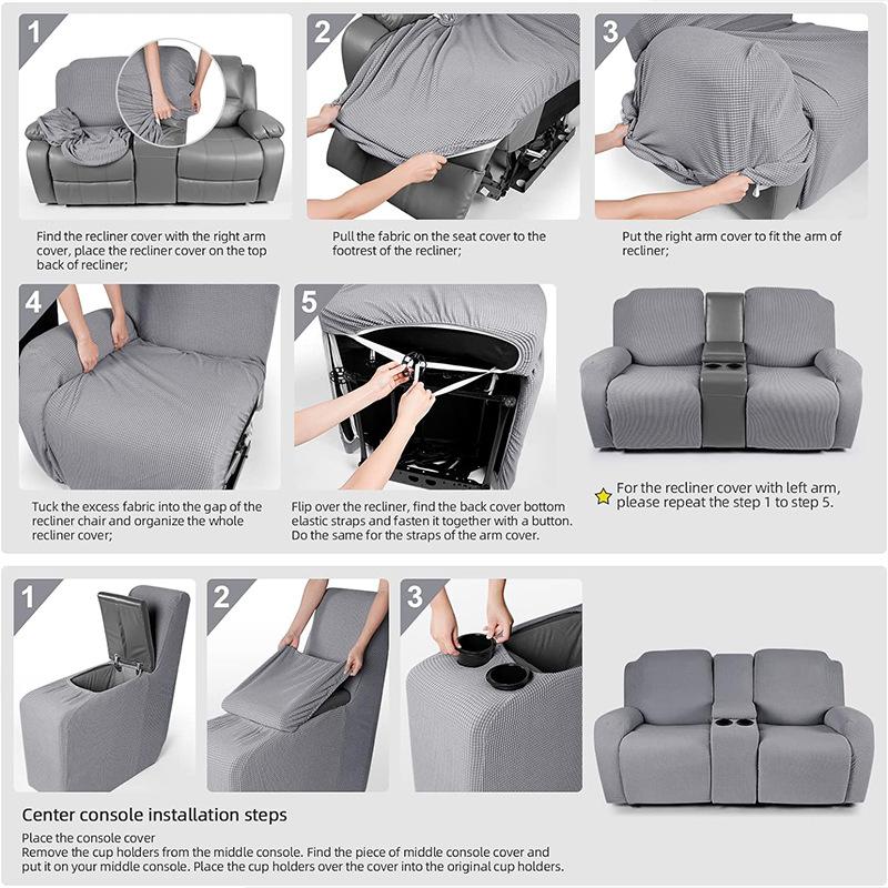 Solid Color Recliner Covers All-inclusive Loveseat Center Console Sofa Covers Elastic 2Seater Couch Slipcovers with Cup Holder