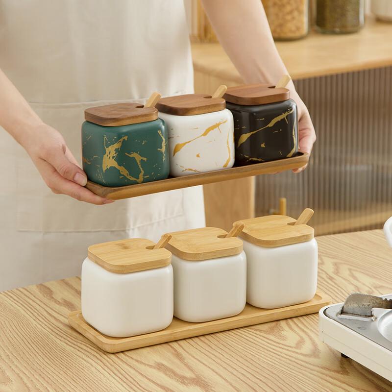 LIU Japanese Ceramic Seasoning Jar Set (3-Piece, Marble Pattern)
