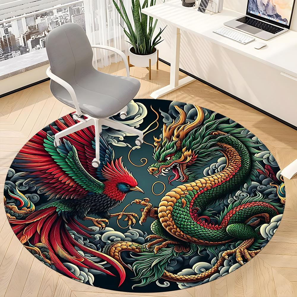 1pc Phoenix Dragon Pattern Carpet, Round Non Slip Durable Large Size Office Carpet, Suitable for Office