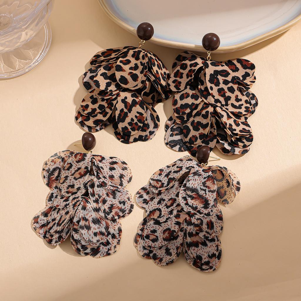 Chiffon Fabric Leopard Print Petals Tassel Earrings Temperament High-end Earrings for Women