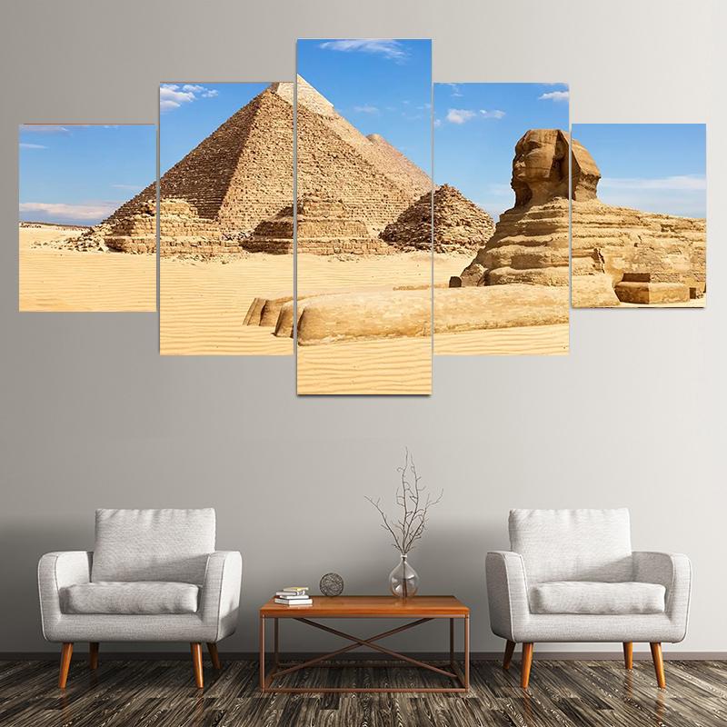 5 Stück Ägypten Pyramide und Sphinx Modulare Leinwand Malerei Landschaft Poster und Drucke Bilder für Wohnzimmer Dekor kein Rahmen