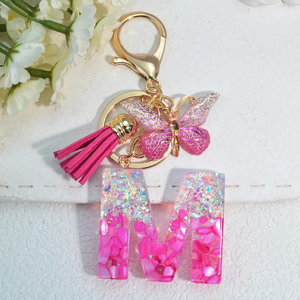 Gradient Pink Jewelry Letter Keyring Resin Letter Keychain with Fringe Butterfly DIY Bag Decoration Pendant Party Gift