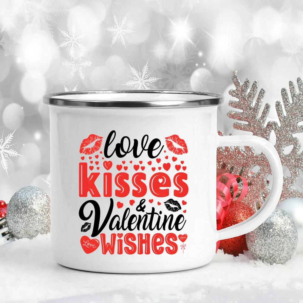 Love Heart Printed Camping Mug Valentine Party Juice Milk Cup Coffee Cups Enamel Mugs Valentine's Day Gifts for Family Friends