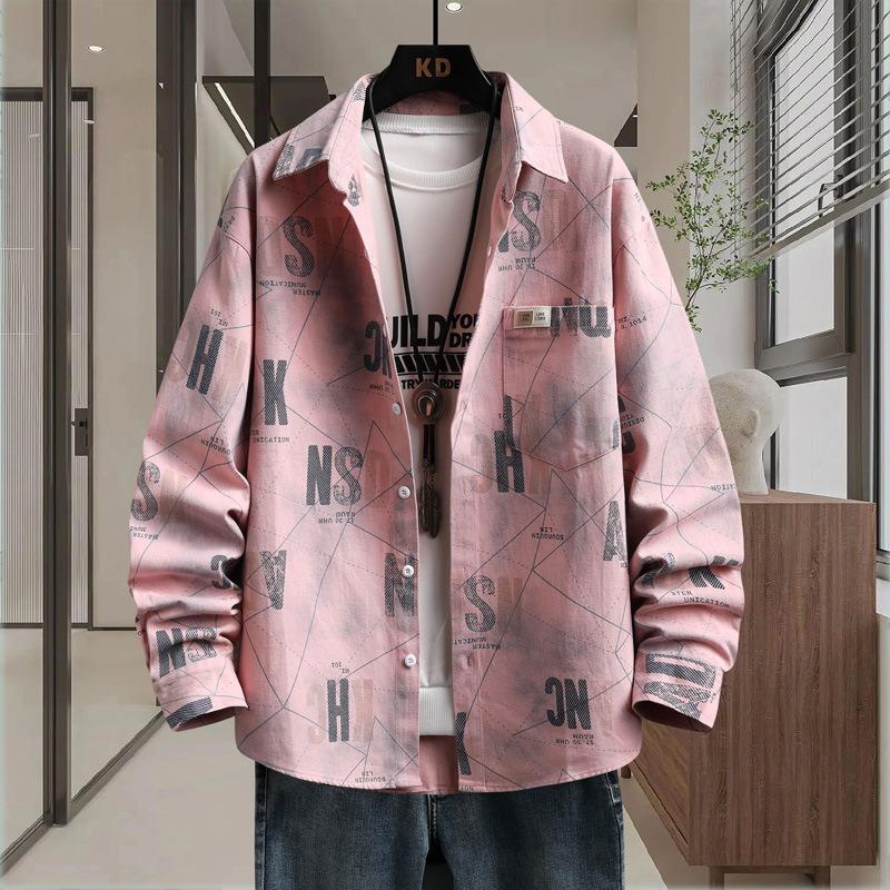 

Men Letter Print Long Sleeve Shirt Button Down Chest Pocket Casual Streetwear Shirt for Men S рожевий