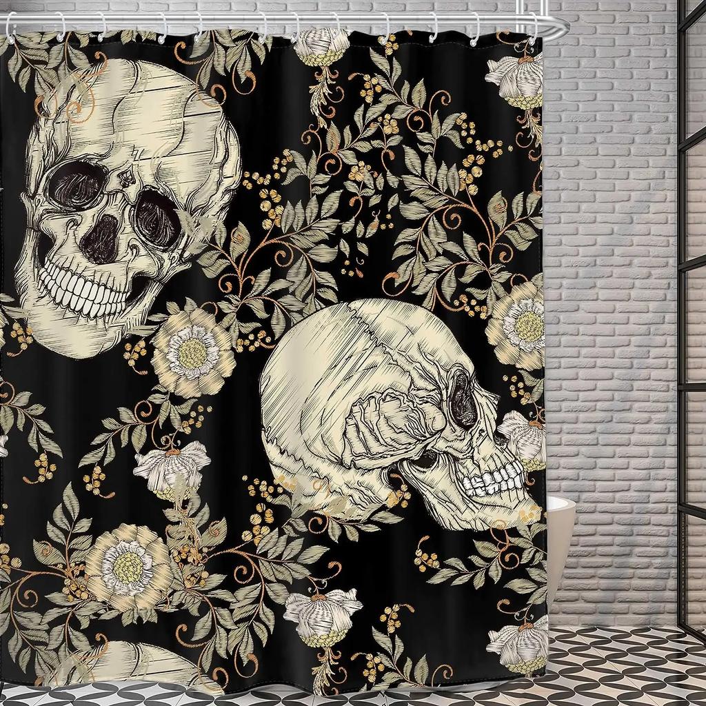 Floral Skull Shower Curtain Red Rose Flowers Skeleton Horror Halloween Bath Curtains Polyester Home Bathroom Decor with Hooks