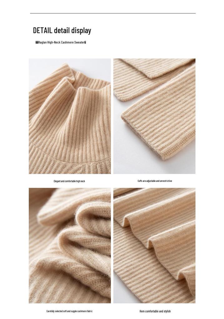 Women's High Neck Ribbed Knit Cashmere Sweater - Autumn/Winter Raglan Sleeve, Thickened Base Layer, Lazy Style