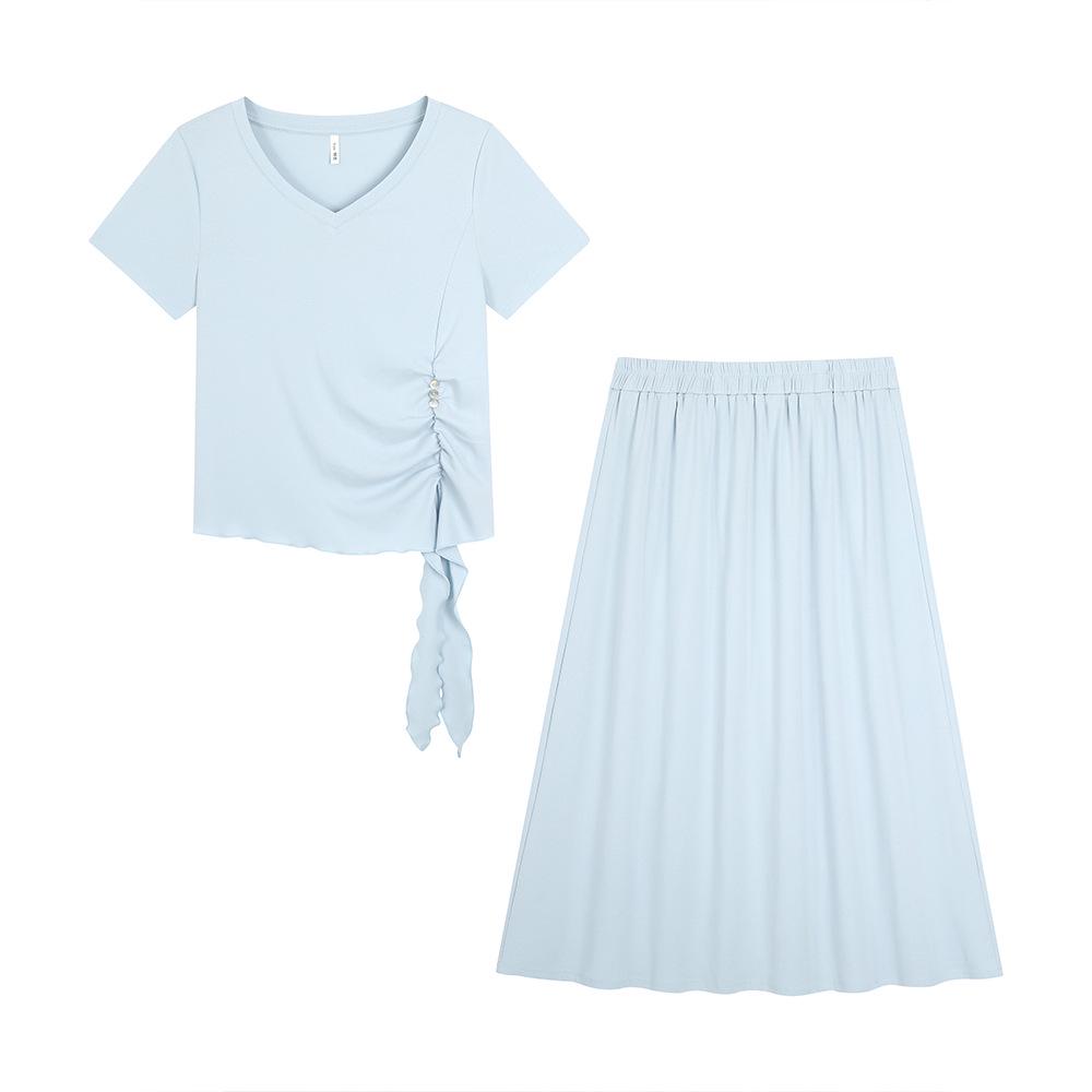 

Plus Size Women s Summer Ruffled V-Neck Elastic Waist Slimming Skirt 2XL (recommended 70-80 kg) светло-синий