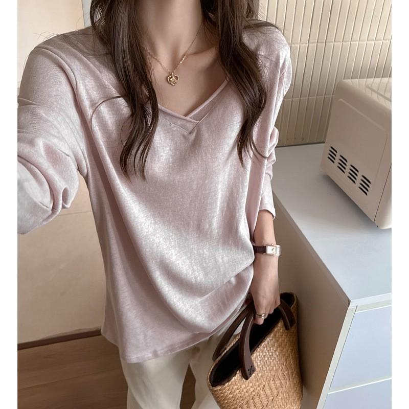 Oversized V-Neck Long Sleeve T-Shirt Women Soft Cotton Blend Loose Fit Casual Top Korean Style Layering Base
