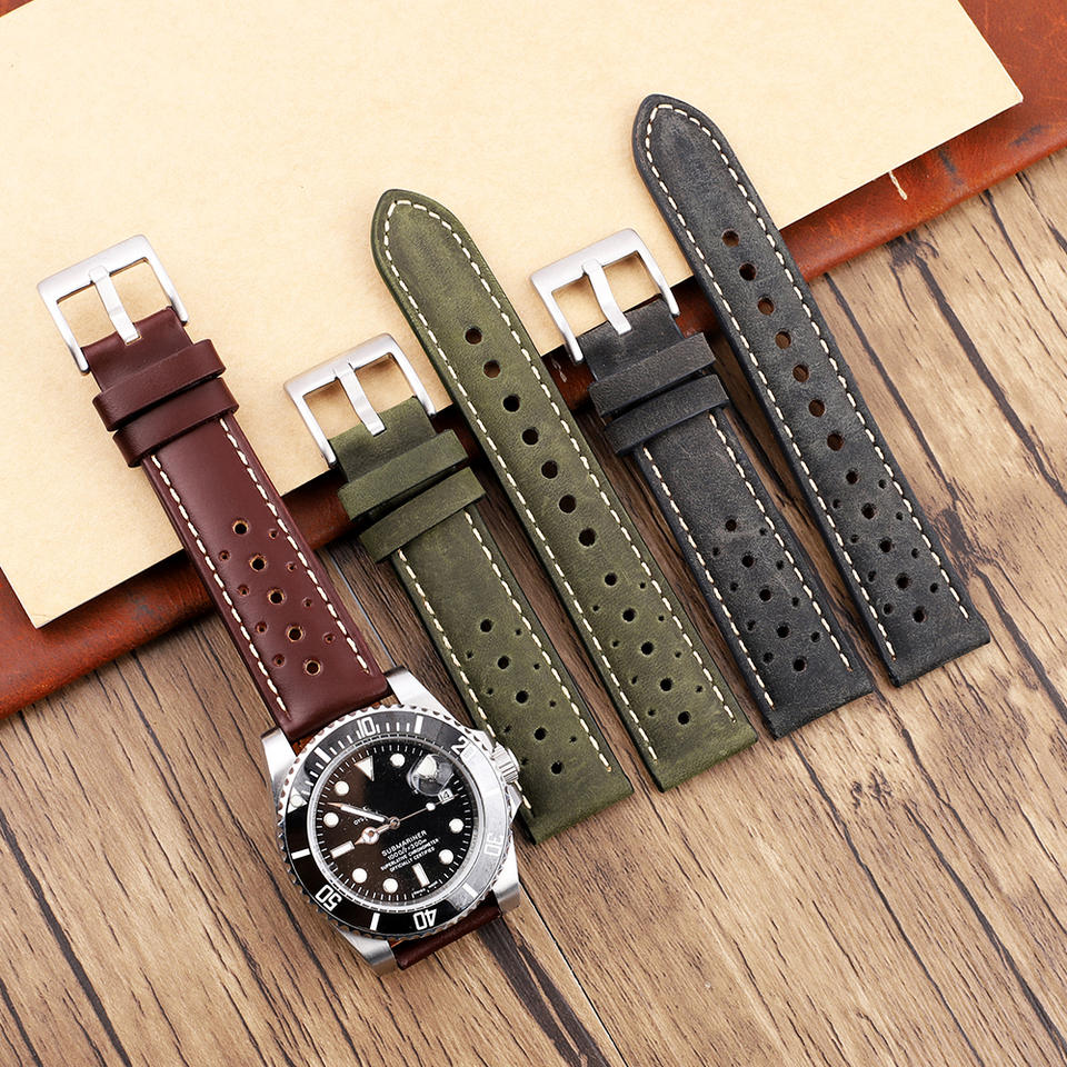 Vintage Leather Watch Strap 20mm 22mm Porous Breathable Watchband Handmade Stitching Replacement Wrist Bracelet Belt Accessories