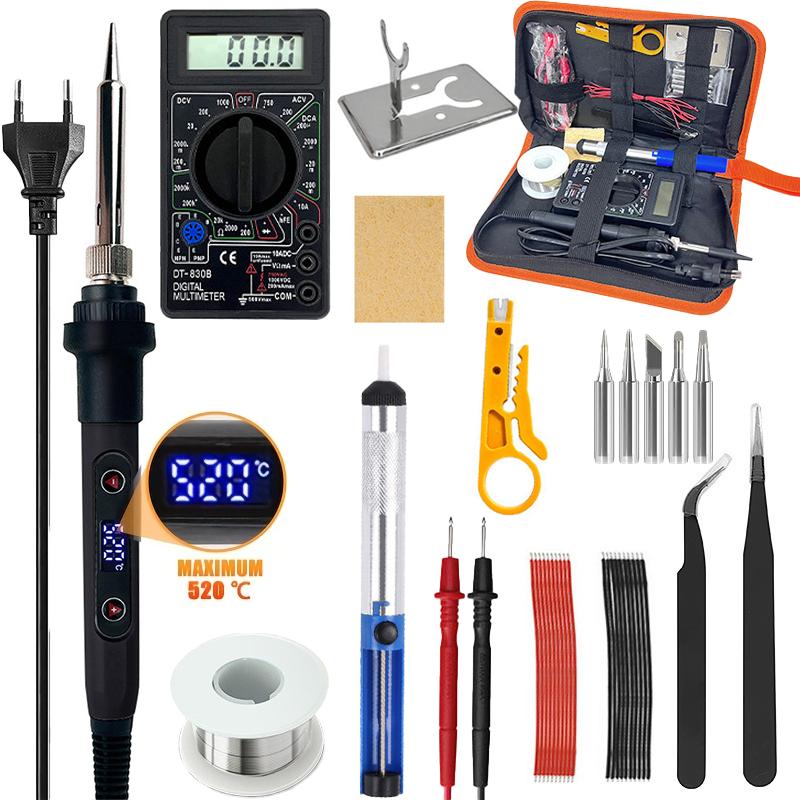 80W Digital Soldering Iron Kit: 17-in-1 Adjustable Temp (220V) with LCD, Multimeter & Replaceable Tips for Precision Welding