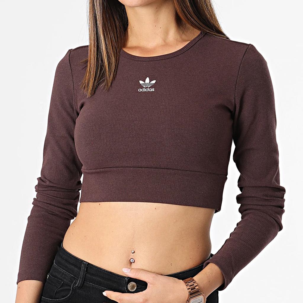 Adidas Originals Essentials Žebrované tričko s dlouhým rukávem Dámské topy Tmavě šedohnědé IJ5385