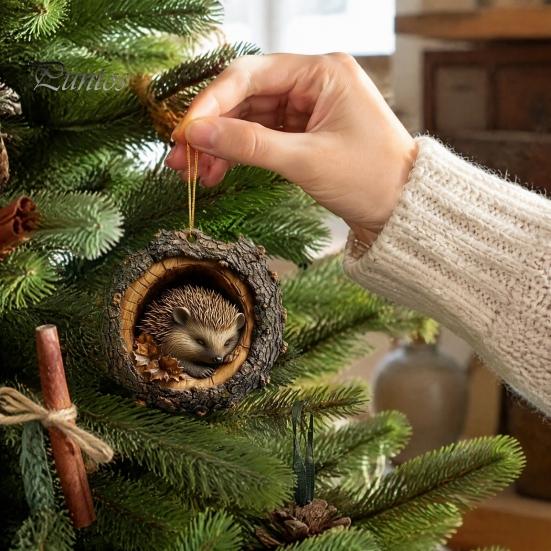Acrylic Animal Ornaments Tree Hole Ornament, Owl Fox Raccoon Bird Hedgedog Holiday Decor Pendant Squirrel Pinecone Pendant, Seasonal Hanging