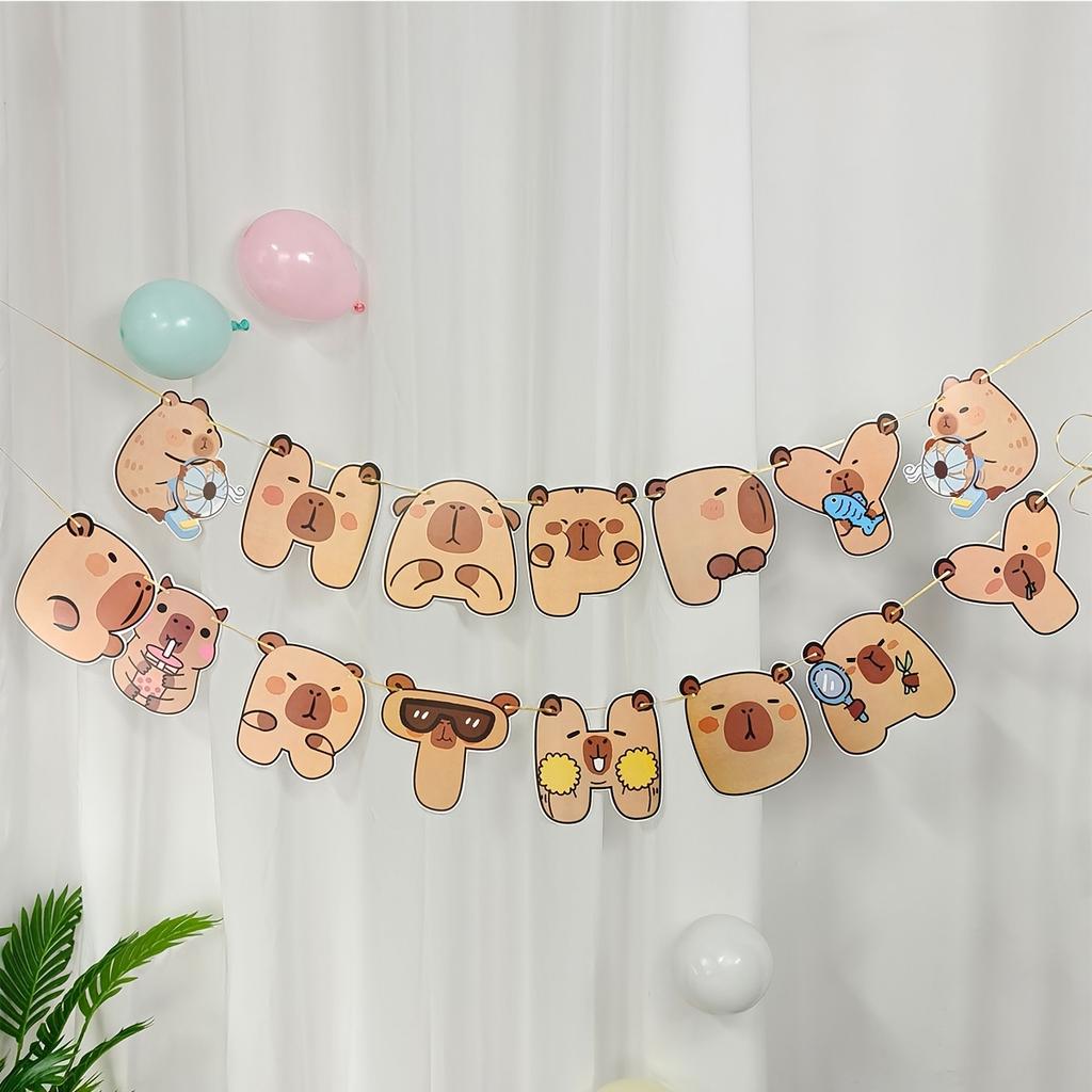 Cute Capybara Happy Birthday Banner, cartoon paper pull flag, ideal for kids' birthday, room & entrance decor.