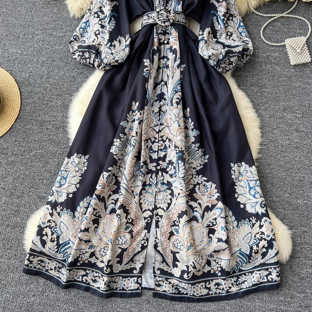 Summer Women Vintage Lond Dress Fashion Print A Line Ruffled Elegant Floral Party Dress Ladies Long Sleeve Long Woman Dresses