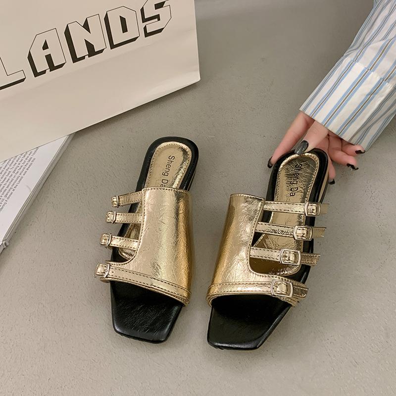Fashion 2025 New Vintage Square Toe Flat Fashion Slippers Women's Summer New Open Toe Belt Buckle One Strap Soft Sole Sandals