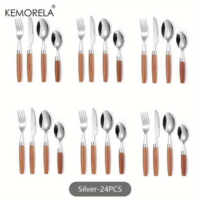 

24PCS Stainless Steel Tableware Set With Wooden Handles Korean Style Suitable For Cutting Steak Cake Desserts Dishwasher Safe