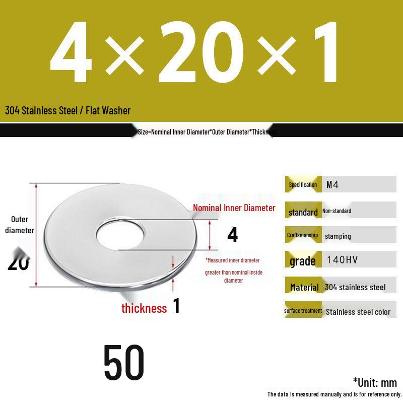 304 Stainless Steel Thickened Flat Washer Set, Sizes 2-36