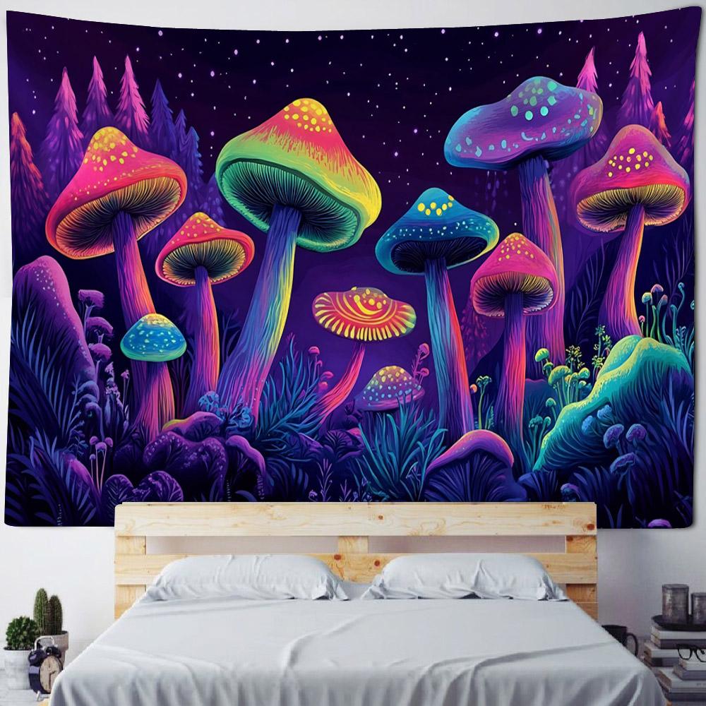 Tapestry, Psychedelic Forest Mushrooms, Room Decoration, Starry Sky, Plants, Cartoons, Bedroom Art Decoration Wall Hanging Cloth
