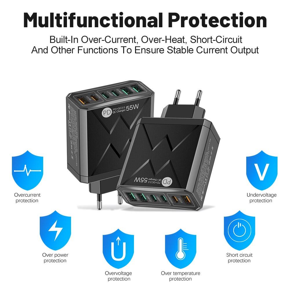 6 In 1 55W PD USB Charger Fast Charging Quick Charge 3.0 Travel Charger For iPhone Samsung Xiaomi Mobile Phone Charger