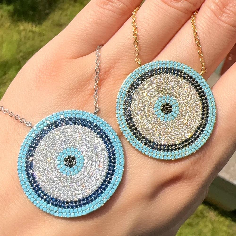 30mm Big Disco Charm Micro Pave Cubic Zirconia Nano Turquoise Bohemia Necklace
