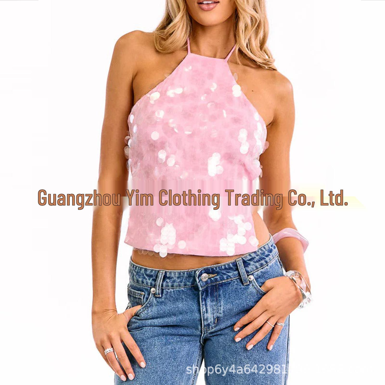 Women s Sequined Halter Backless Lace-up Camisole - Spring/Summer Collection Large розовый