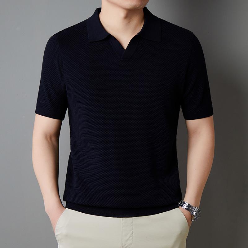 Mens Cotton V Neck Short Sleeve Casual Knit Polo Shirt