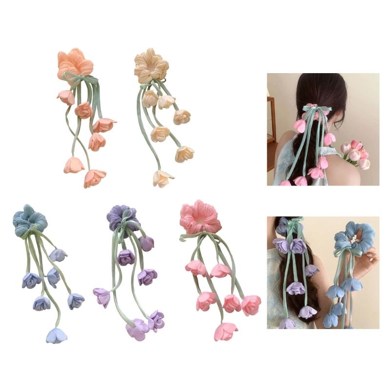 Elegant Floral Tulle Scrunchie With Fringe Detailing Headbands Rope Hair Band For Everyday Styling