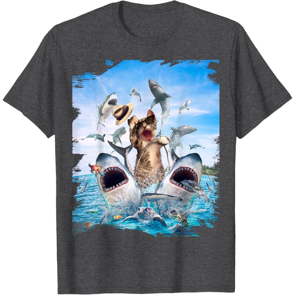 Funny Cat Riding Shark Beach Ocean Graphic Mens Casual Round Neck Tshirt