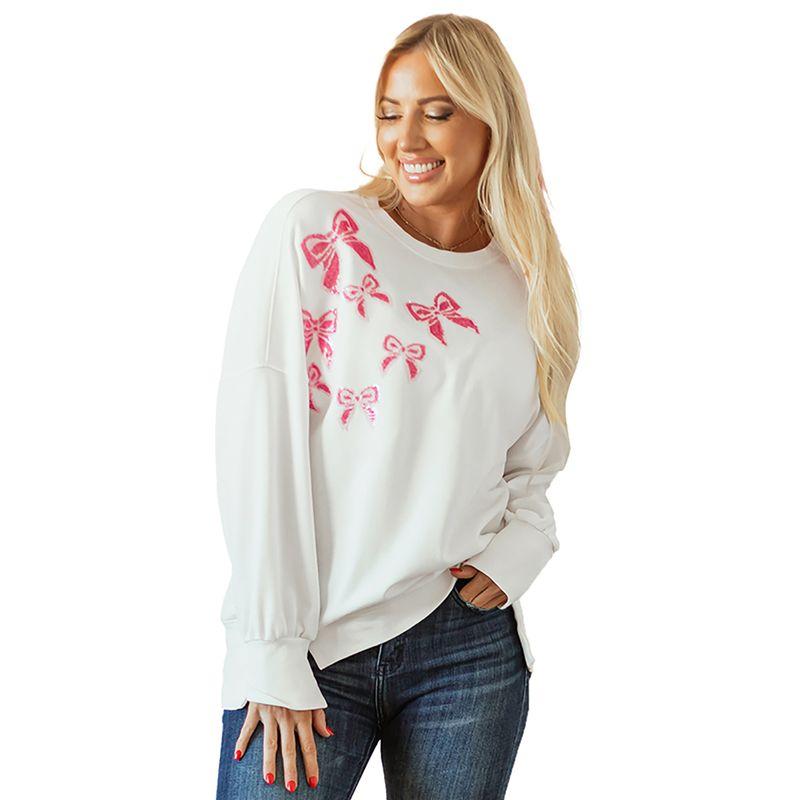 

American Shiying Casual round Neck Pullover Warm Hoodie Female Winter New Arrival Bows Sequin Long Sleeves Tops White Size S fit (45.00 kg-55.00 kg