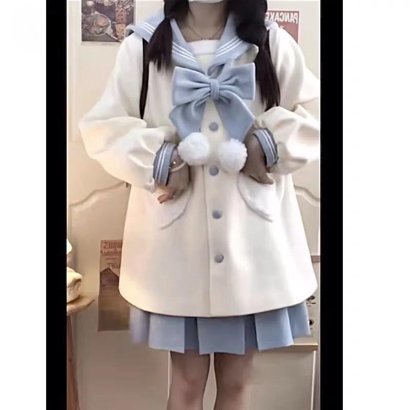 Damefrakker Kontrast Sjømannskrage Sløyfe Enkeltkneppet Hjerte Lomme Søt Aldersreduksjon Allsidig Ullkåpe Dameklær