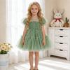 Girls Princess Tulle Dress Birthday Party Pageant Green Puff Sleeve Formal Gown Kids 4-8 Y