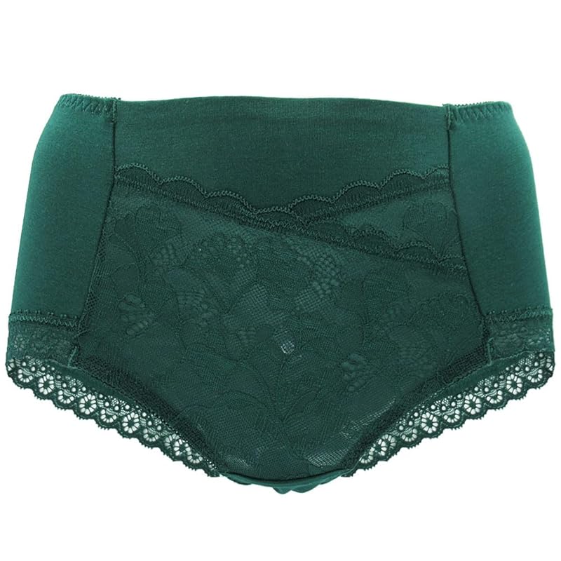 

[Karly Shop] shorts ladies standard regular full back cotton transparent embroidery Elegant race stretch underwear Plain color rs-008 4L darkgreen