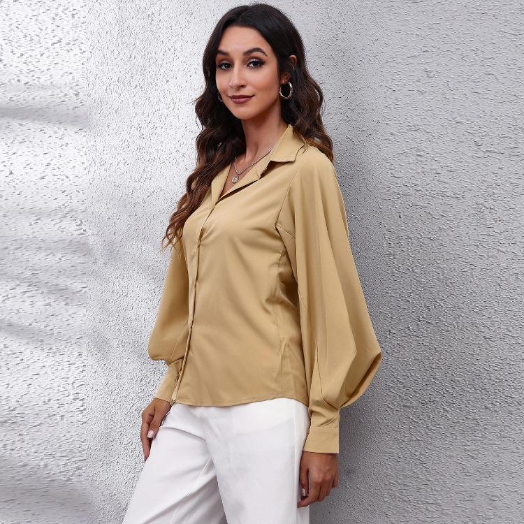 New Women Long Sleeve Blouse Button Down Collar Blouson Sleeve Shirt Solid Color Business Casual Tops Office Work Clothes Daily Wear Fashion S XL