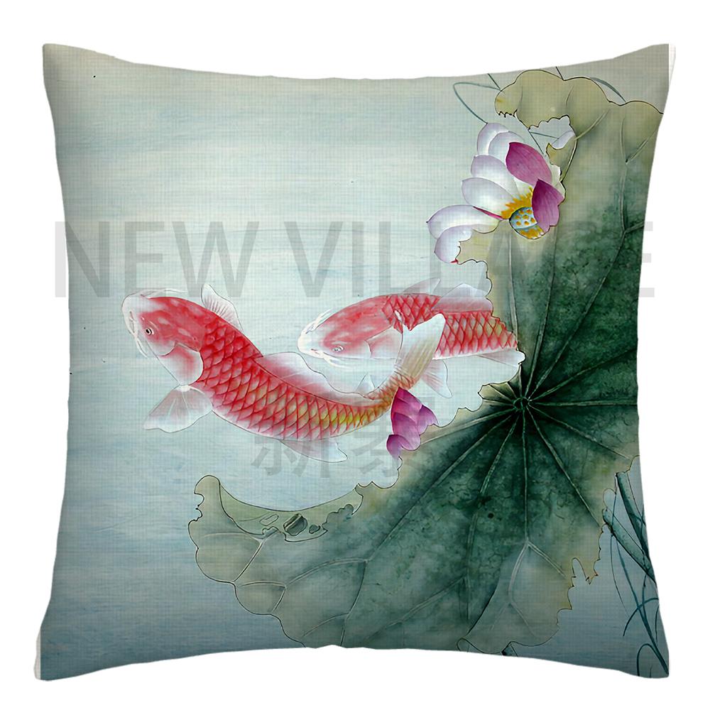 Lotus carp linen Doublesided Printed pillow cover Short plush Suitable living rooms bedrooms sofas throw cushion cover