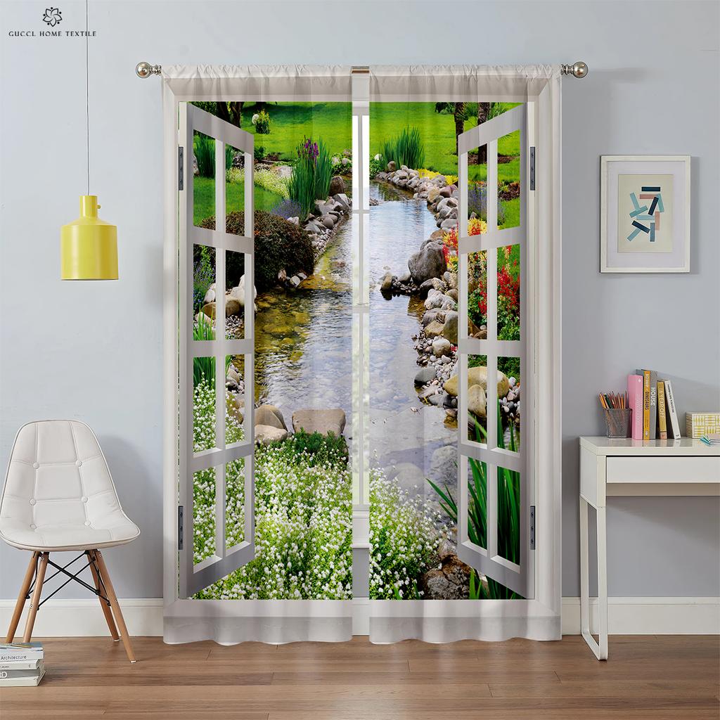 3D Printed Curtains for Window Scenery, Simulation, Modern, Decorative, Bedroom, Living Room, Study, 2Pcs