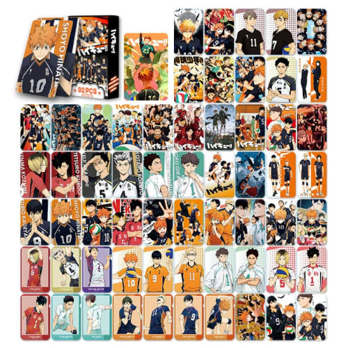 Haikyuu! Trading Cards, LOMO Cards, and Accessories, featuring Hinata Shoyo, Kageyama Tobio, Kuroo Tetsuro, Tsukishima Kei, and Sugawara Koushi. Karas