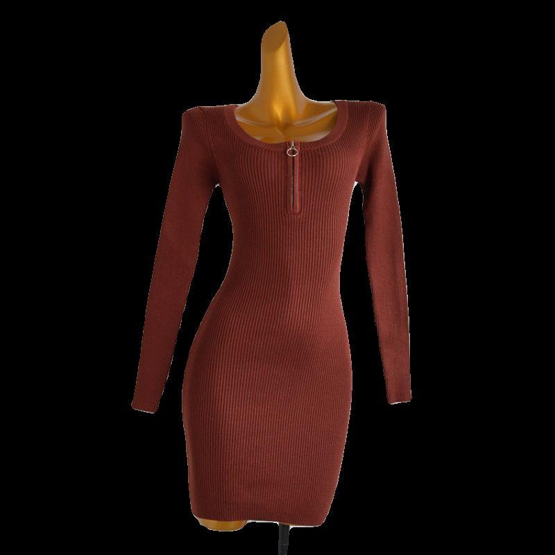French Style Spring & Fall New Arrival Half Long-Sleeve Zipper Knitting Dress Women's Clothing Silm Slimming Inner Bodycon Dress