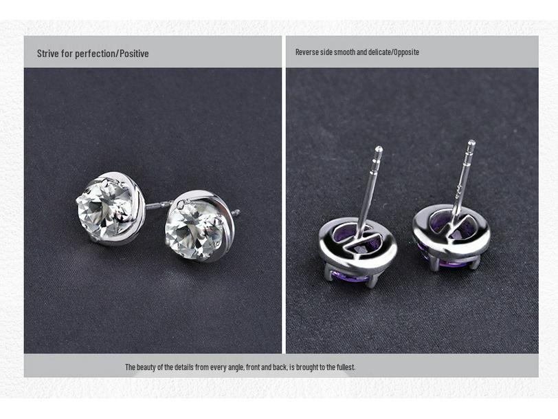 S925 Sterling Silver Amethyst Round Four-Claw Crystal Stud Earrings