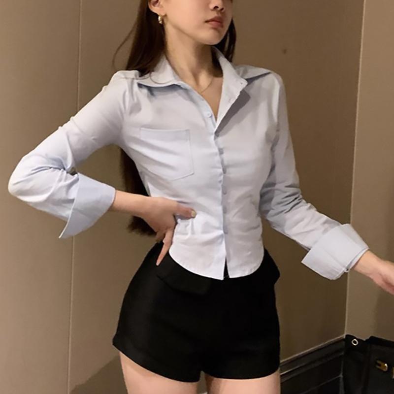 Koreansk Hvit Kontordame Chiffonskjorte Lomme Knapper Revers Damebluse Vår Pendler Langermet Ny Kvinne Crop Topper