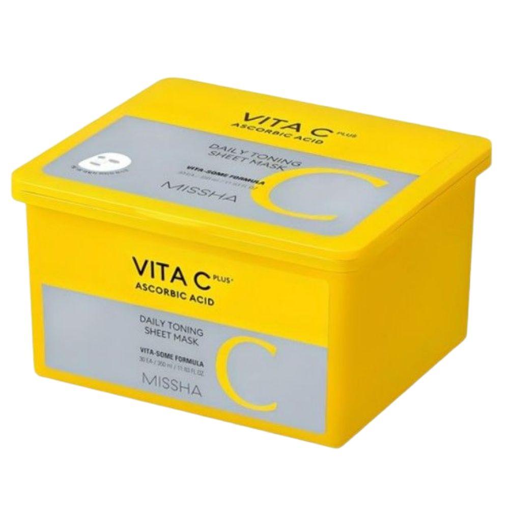 MISSHA Vita C Plus Daily Toning Sheet Mask Brightening Hydrating Face Mask 30 Sheets 350ml