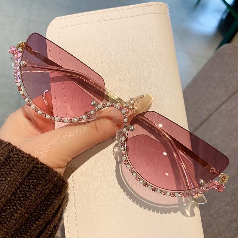 Vintage Half Frame Cat Eye Sunglasses Women Luxury Brand Designer Sun Glasses Punk Popular Diamond Metal Eyeglasses Uv400
