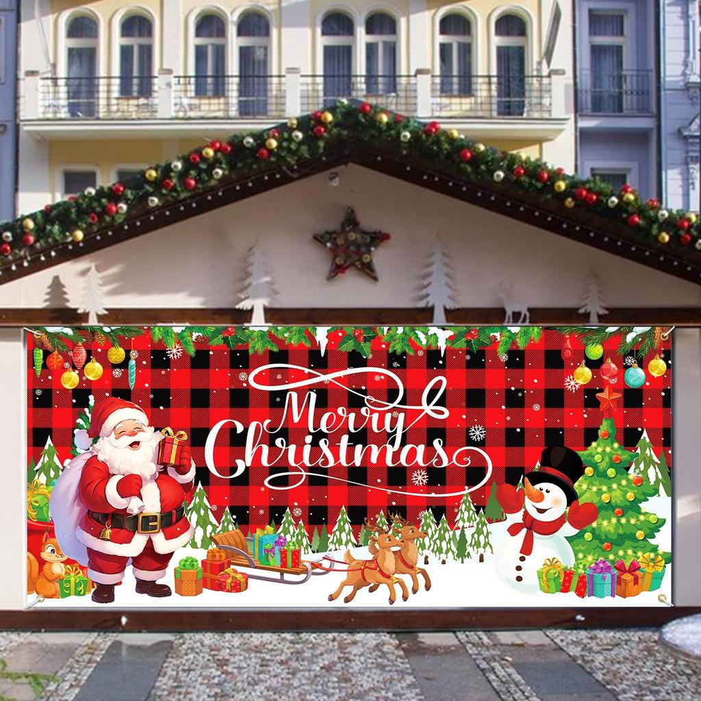 Christmas Garage Door Banner 16 ft x 7 ft, White with multicolored characters