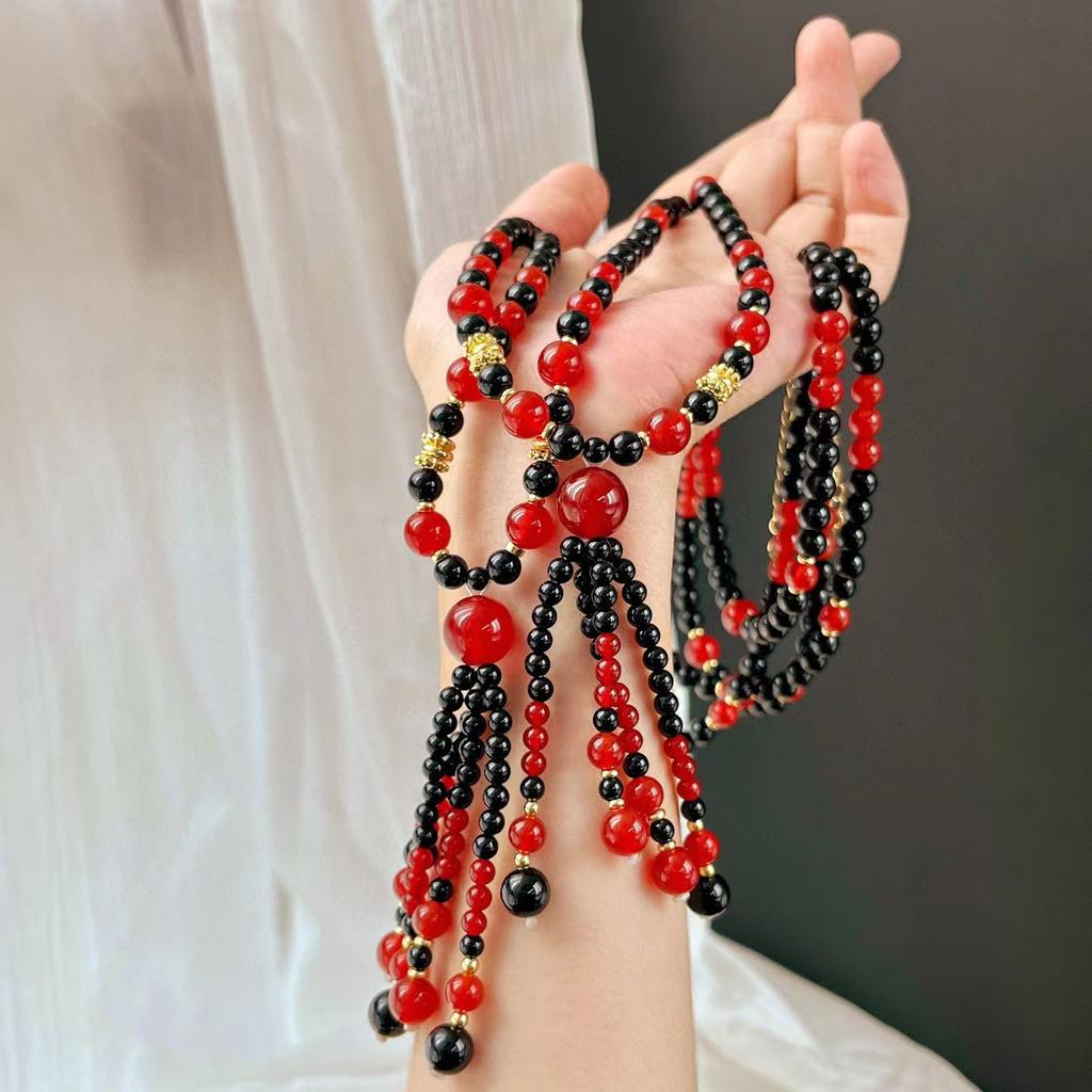 Vintage High Quality Natural Black Agate Chalcedony Contrasting Collarbone Chain Necklace Sweater Chain