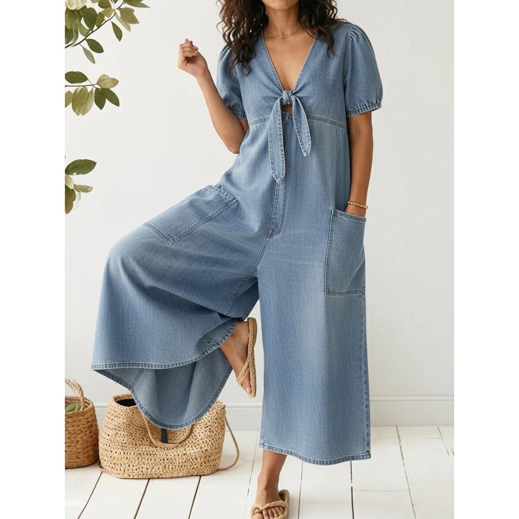 Women's V Neck Short Puff Sleeve Front Tie Pocket Loose Wide Leg Denim Jumpsuit