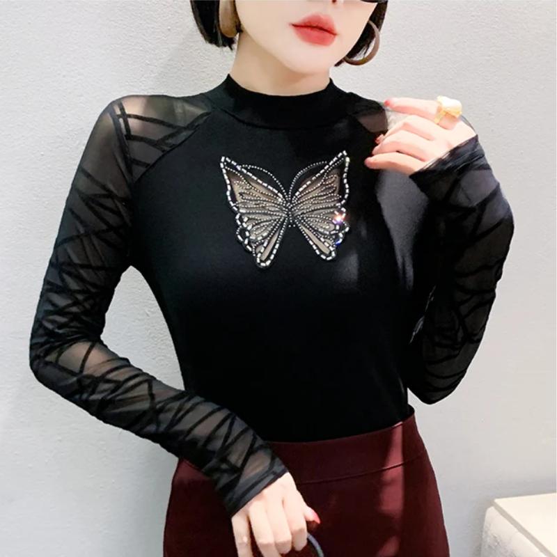 Spring Autumn Classic Butterfly Hot Diamonds T-Shirt Sexy Women Cotton Tees Fashion Streetwear Girl Tops Shirts