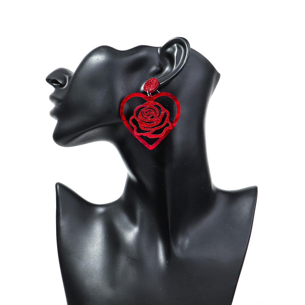 Pink Red Hollow Love Acrylic Drop Earrings for Women New Glitter Rose Flower Cupid Heart Earring Jewelry Valentine's Day Gift