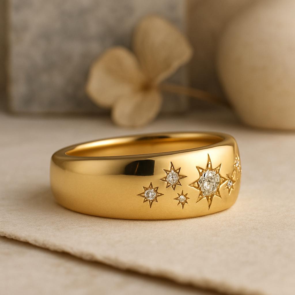 Star Burst Wide Band Ring, Yellow Gold Plated Statement Jewelry, Celestial Engraved Bridal Ring, Anniversary Gift for Her
