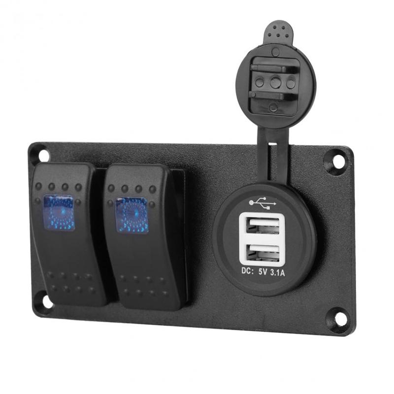 2-Gang Blue LED Rocker Switch Panel Circuit Breaker Dual USB Charger Car Truck
